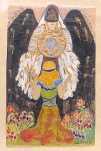 Une peinture colorée par Laura Goodman Salverson de 1948, représentant une femme agenouillée dans un jardin animé, les bras levés vers une figure mystique et ailée. La figure au-dessus d’elle a des ailes sombres, des vêtements blancs flottants et un emblème circulaire représentant des écailles et une cruche. La scène est encadrée de tons profonds et de motifs floraux.
