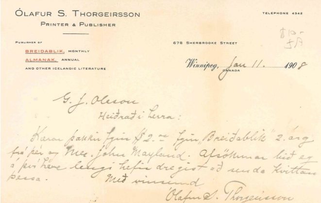 Lettre de 1908 sur papier à en-tête officiel d’Ólafur S. Thorgeirsson, imprimeur-éditeur à Winnipeg, adressée à S. G. Olson. Écrite à la main en écriture islandaise, elle est datée du 11 janvier.