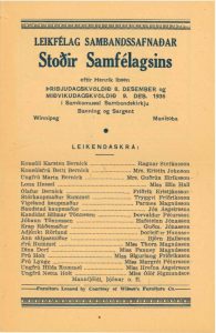 Programme de théâtre ancien en islandais de 1936 pour Stoðir Samfélagsins (piliers de la société) d’Henrik Ibsen, interprété par Leikfélag Sambandssafnaðar à Winnipeg, au Manitoba. Le programme répertorie les membres de la distribution et leurs rôles, avec une note indiquant que les meubles ont été fournis par Wilson’s Furniture Co.