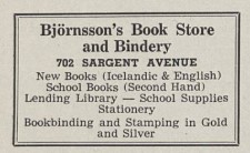 Vintage advertisement for Björnsson’s Book Store and Bindery at 702 Sargent Avenue. It offers Icelandic and English books, second-hand school books, a lending library, school supplies, stationery, and bookbinding with stamping in gold and silver.