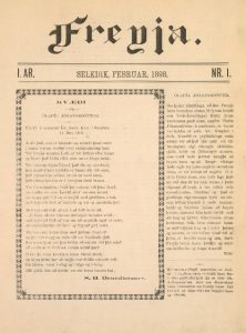 Première page de Freyja, un périodique féminin publié à Selkirk, Manitoba, en février 1898. L’en-tête indique Freyja en caractères gothiques, avec I. Ár. Nr. I. signalant la première année, premier numéro. La page présente du texte en islandais en deux colonnes bordées de lignes décoratives, contenant un poème intitulé Til Kvenna à gauche et un article d’introduction à droite.