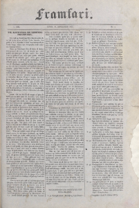 Une page de journal jaunie avec l’âge, montrant trois colonnes étroites de texte imprimé en encre noire. Le titre Framfari est imprimé en grosses lettres go Image d’une page de papier journal pâlie par le temps, présentant trois colonnes étroites de texte imprimé en encre noire. Le titre Framfari est imprimé en grosses lettres gothiques en haut de la page. .