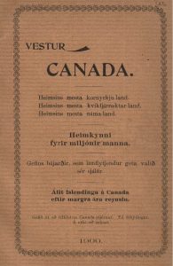 Un dépliant d’immigration en islandais de 1900 intitulé Vestur Canada, imprimé sur du papier brun texturé avec une bordure décorative.