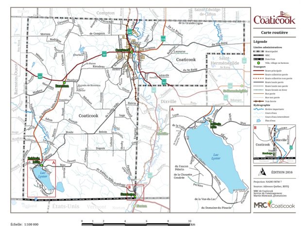 Image couleur d'une carte routière qui présente les contours de Coaticook et sa proche région, notamment les quartiers, les rues ainsi que les cours d’eau.