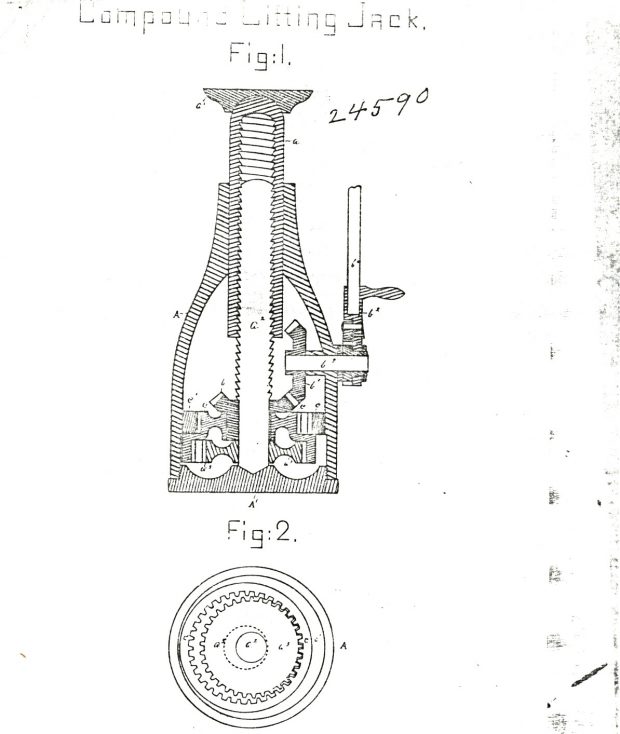 Image noir et blanc du dessin d’un outil portant le titre suivant : « Compound Lifting Jack ». Il y a deux figures : la figure 1 donne un aperçu général du fonctionnement de l’outil et la figure 2 montre le système d’engrenage à travers des cercles.