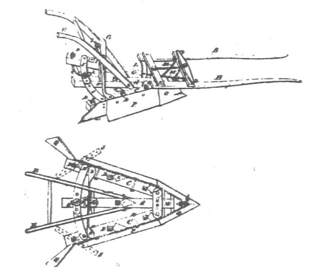 Image noir et blanc du croquis en deux figures d’un instrument agricole multifonctionnel. L’une montre l’ensemble, l’autre juste une partie. Des lettres permettent d’identifier les parties de l’outil.