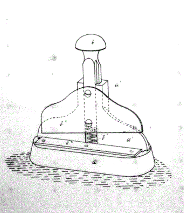 Image noir et blanc du dessin d’un instrument composé d’une base, d’une élévation ainsi que d’une lame.