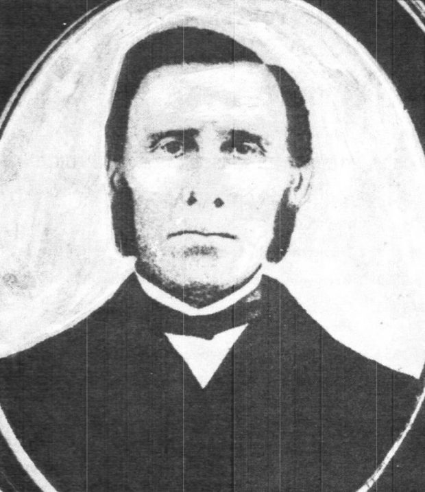 Gravure noir et blanc du portrait de face de Richard Baldwin Fils qui porte un costume noir, une chemise blanche ainsi qu’un nœud papillon noir.