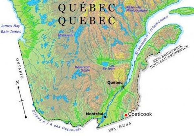 Photo couleur d’une carte qui montre l’emplacement de Coaticook dans le Québec.