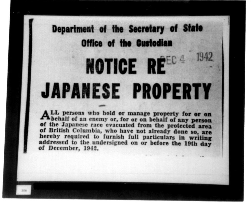 Affiche intitulée Avis concernant la propriété japonaise