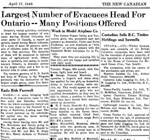  Coupure de journal intitulée Le plus grand nombre de personnes évacuées se dirigent vers l'Ontario - Plusieurs postes offerts