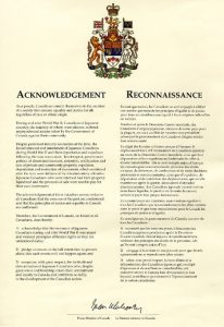Une lettre d'accusé de réception avec l'écusson du Canada comme en-tête est signée ci-dessous par Brian Mulroney, premier ministre du Canada