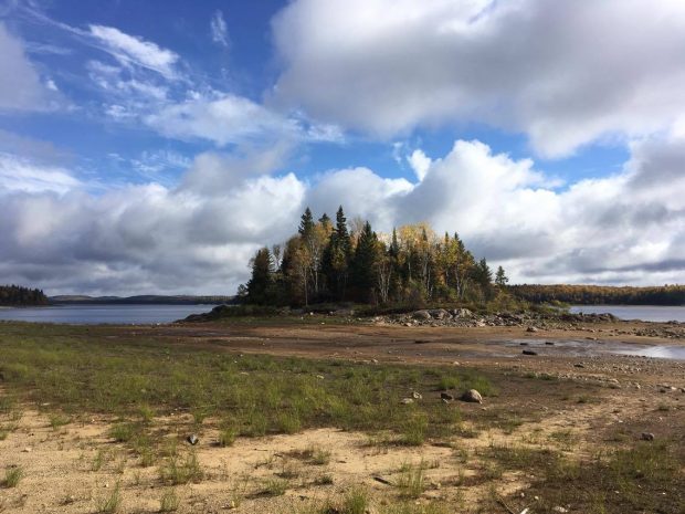 Paysage d'automne, Abitibi. Un ciel bleu avec des nuages blancs. Une île de conifères et de feuillus en feuilles jaunes. Un lac aux alentours avec une portion sèche (marée basse) qui laisse voir le sol de terre et de roches. Photo en couleur. 