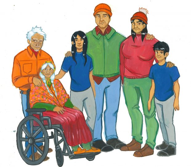 Portrait dessiné d'une famille anicinabe (3 générations). La grand-mère est en fauteuil roulant, elle porte un châle sur ses épaules et sur sa tête. Dessin en couleur.