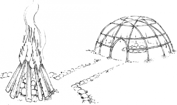 Dessin d'une structure de tente à sudation avec un feu à l'extérieur. Noir et blanc.