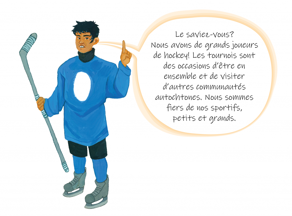 Un jeune joueur de hockey, avec bâton et patins, est dessiné avec une bulle de parole. Il est habillé de bleu et de noir. Il lève un doigt dans les airs alors qu'il parle. Image en couleur.