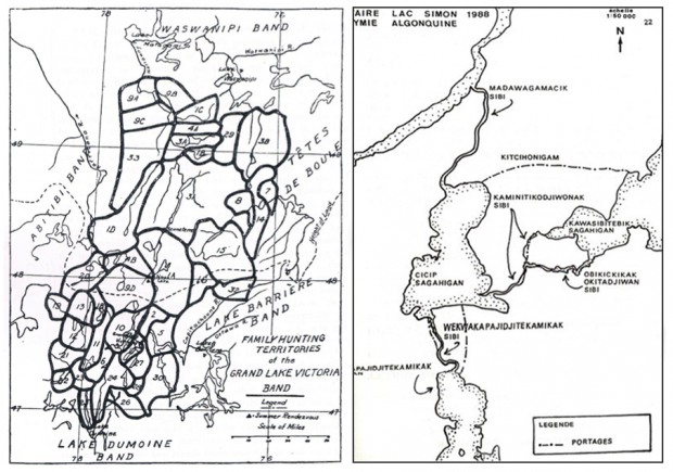 Deux cartes du territoire fréquenté par les Anicinabek. Noir et blanc.  
