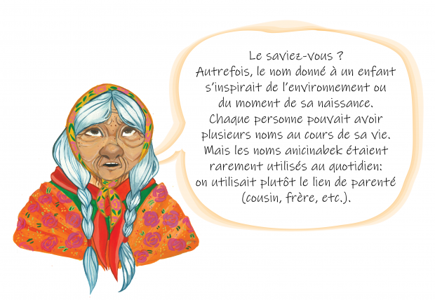 Une aînée dessinée avec une bulle de parole. Elle porte un châle fleuris sur ses cheveux gris qui sont tressés. Image en couleur.