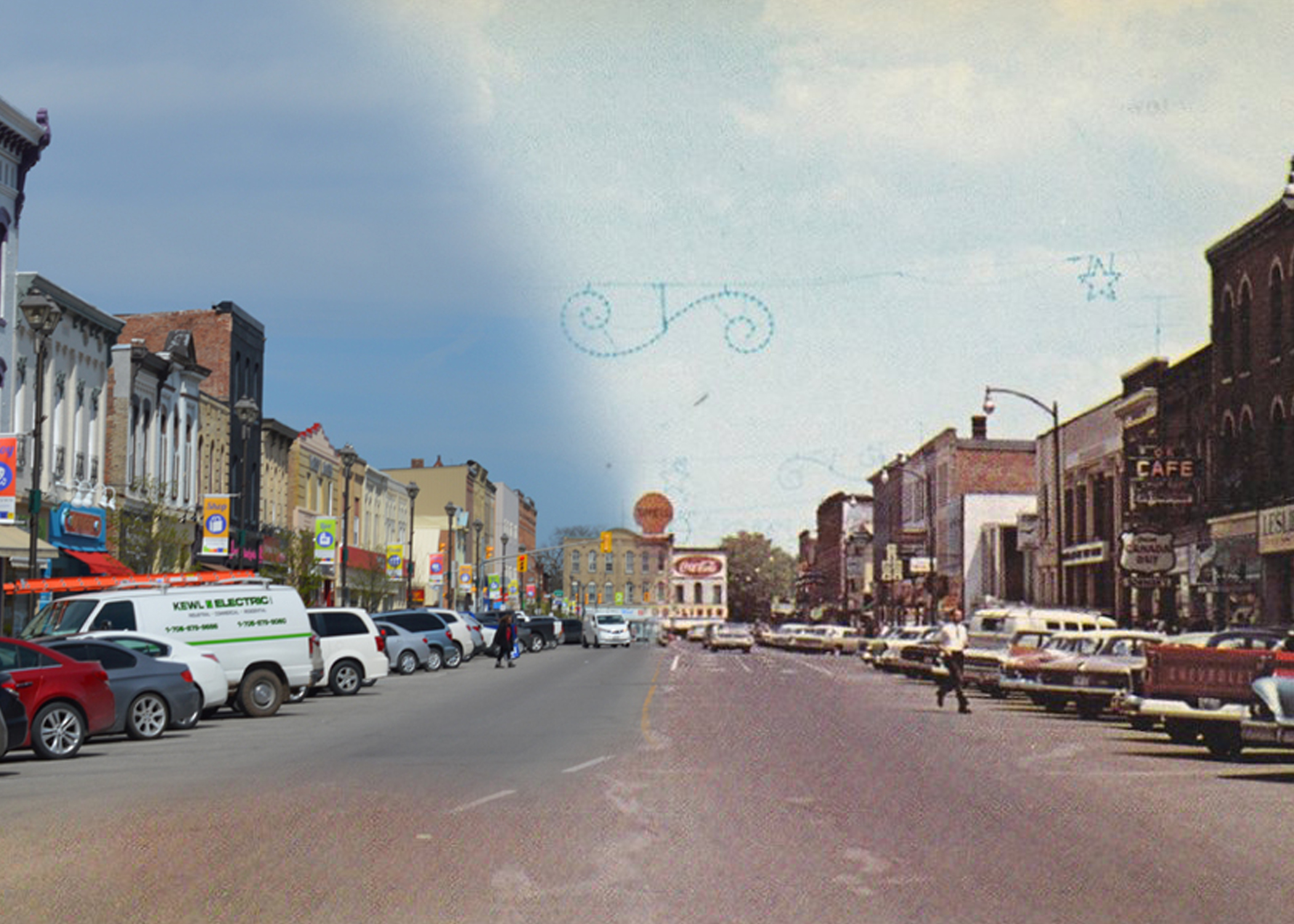 À gauche, un paysage de la rue modern; à droite, une image historique du même paysage.