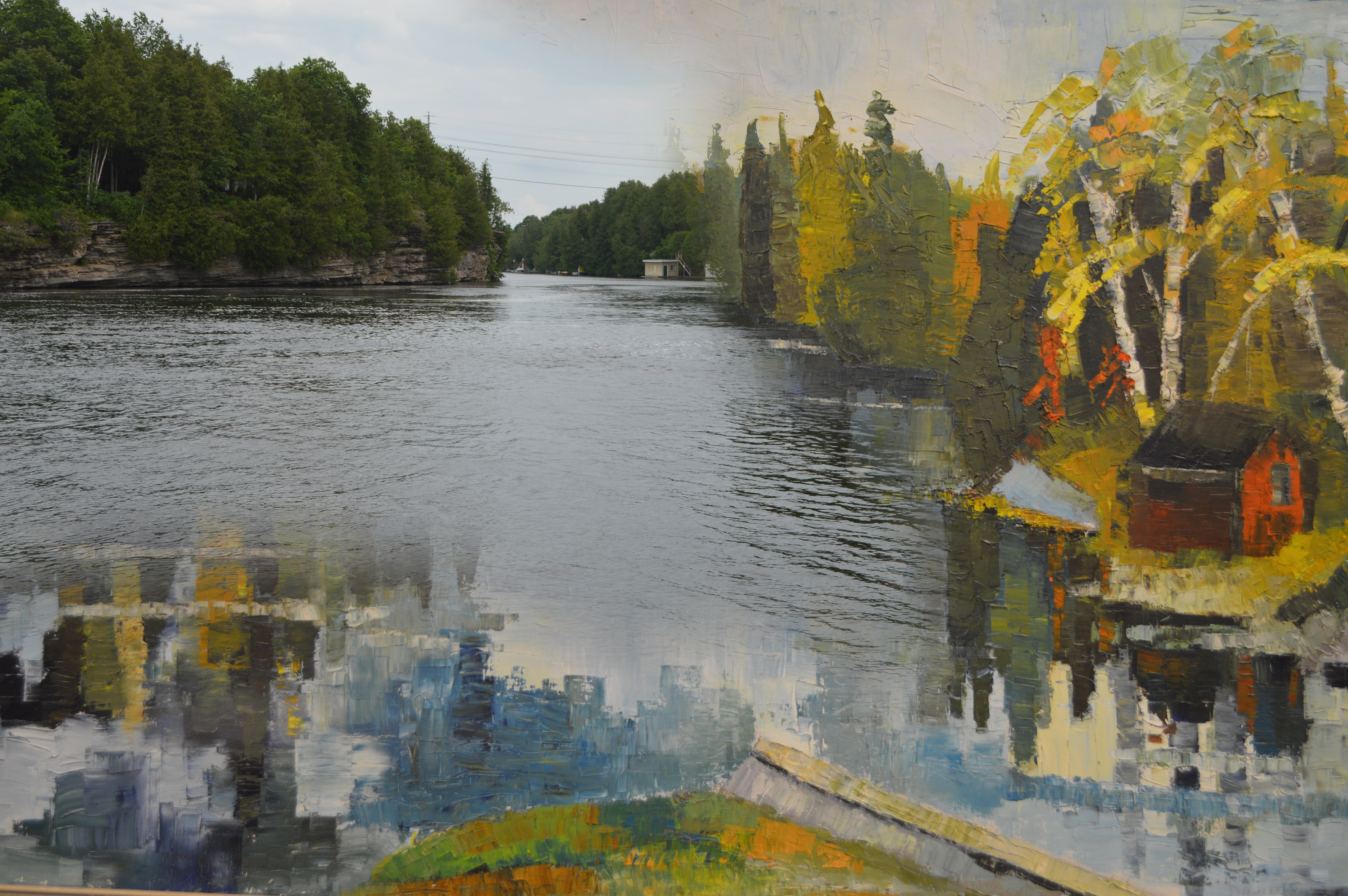 une image contemporaine d'une rivière et gorge fusionnée avec un pienture de la même scène