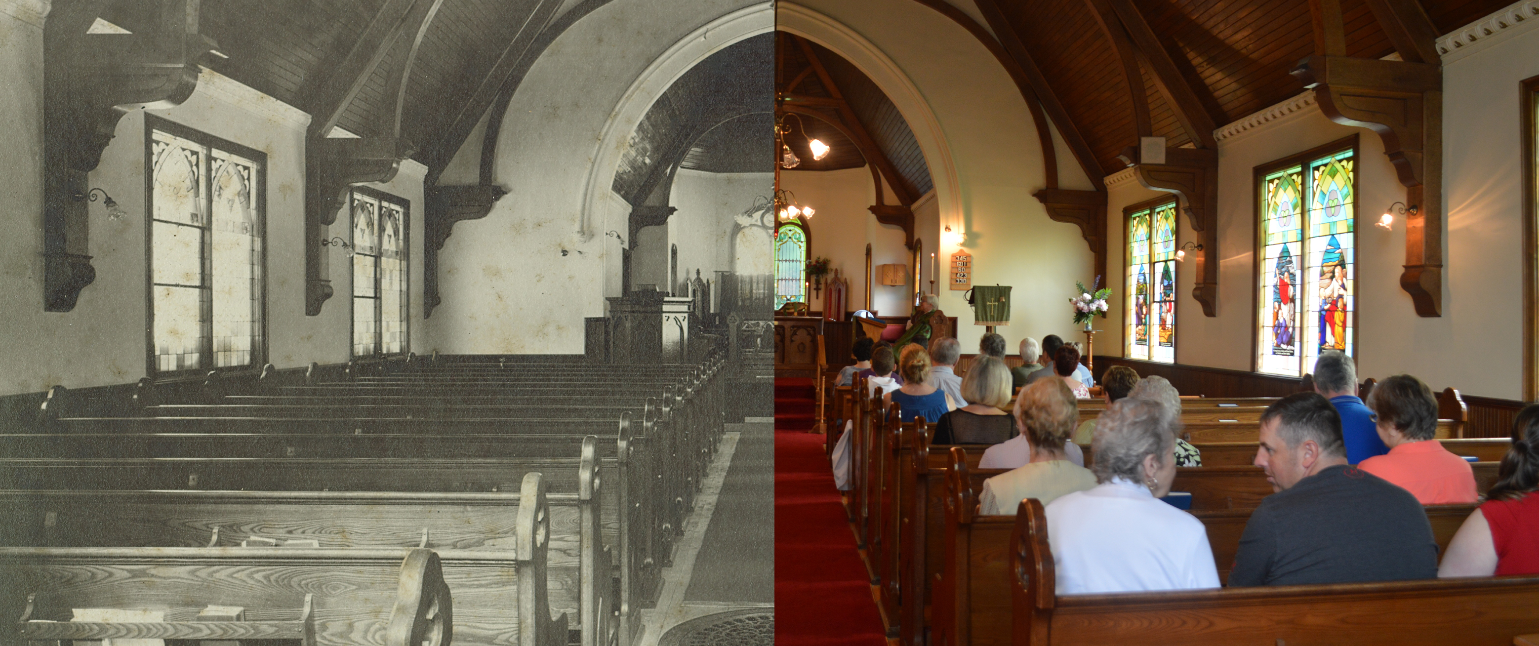 L'intérieur d'une église : à gauche, une photo en noir et blanc illustrant une église vide; à droit, une image contemporaine de la même église pleine de personnes.