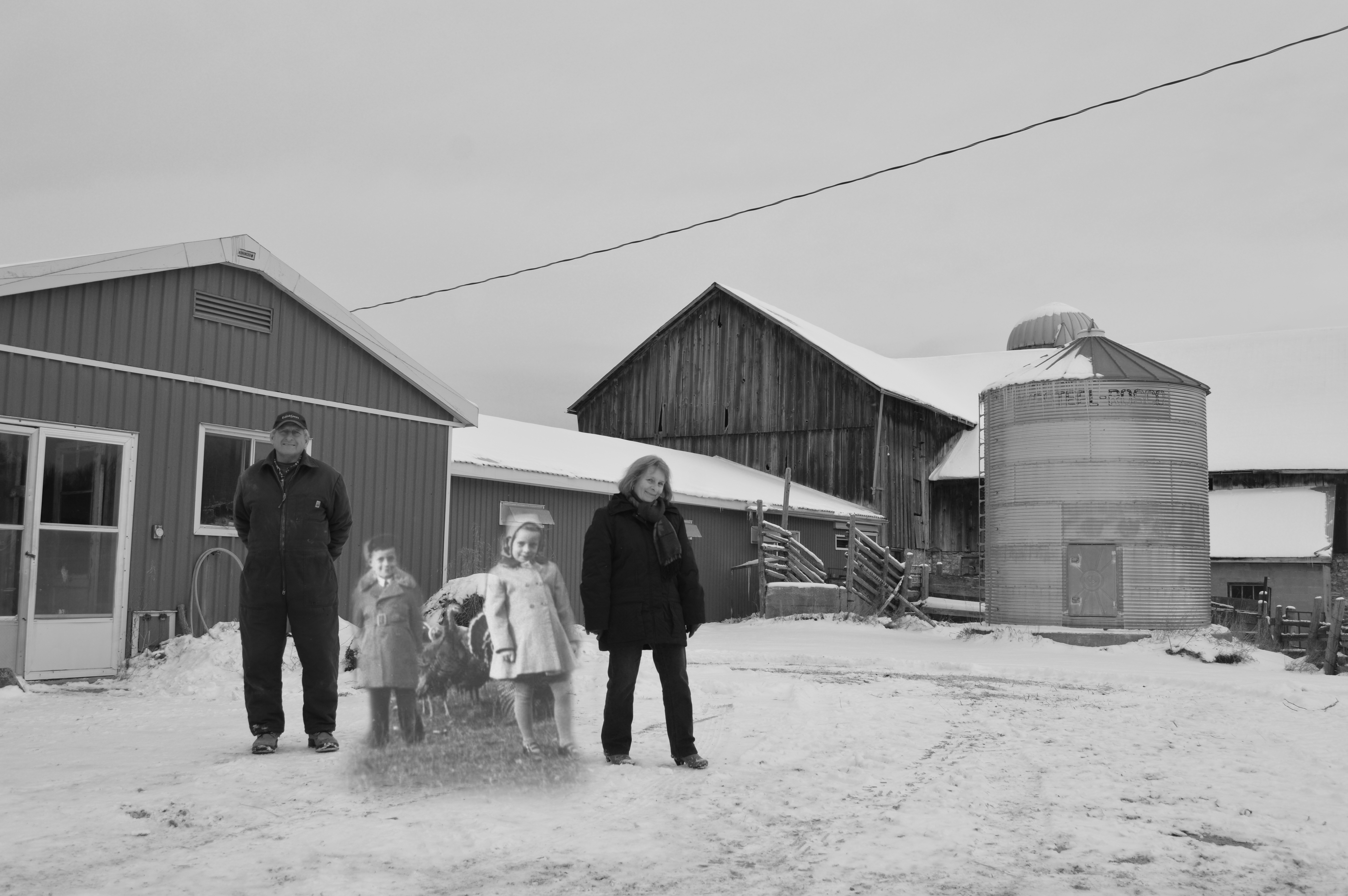 Une photo en noir et blanc de deux enfants et des dindons, superposée superposée à une image contemporaine de la ferme.