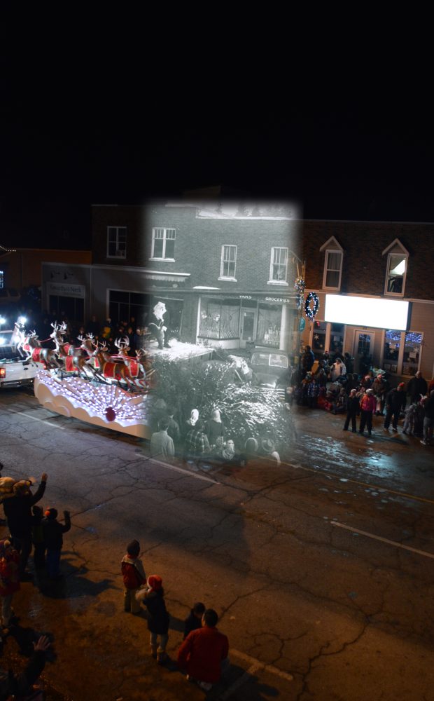 Une photo en noir et blanc de Père Noël superposée à une image contemporaine du défilé annuel de Noël.