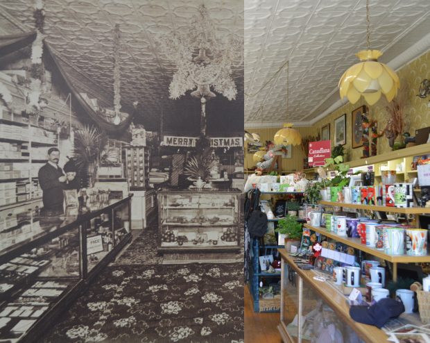À gauche (une photo en noir et blanc) d'un monsieur qui assiste à son magasin; à droit, le même magasin est représenté dans une image contemporaine 