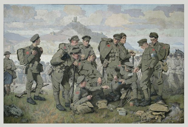 Peinture à l’huile d’un groupe de soldats sur les rives du Rhin, entourant un soldat occupé à placer une portion de bœuf en conserve sur une assiette de métal.
