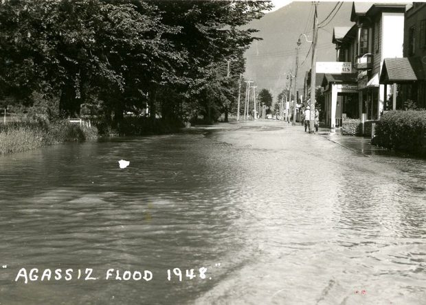 Photo en noir et blanc d'une rue inondée avec des bâtiments sur un côté et des arbres sur l'autre.