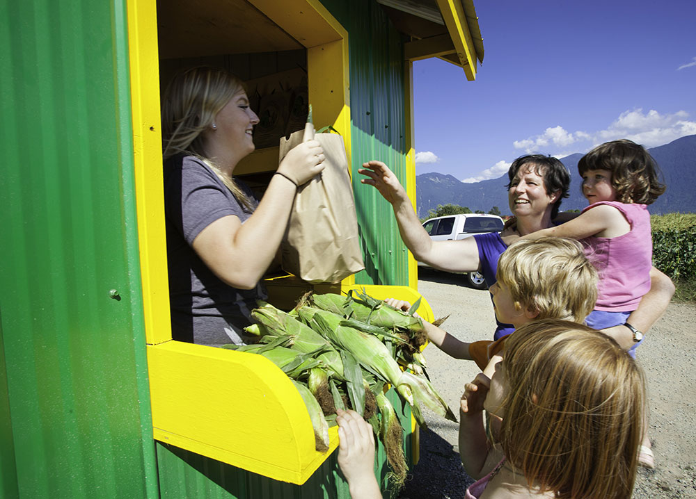 Photo en couleur d'une femme dans un kiosque qui remet un sac de maïs à une femme et ses trois enfants.