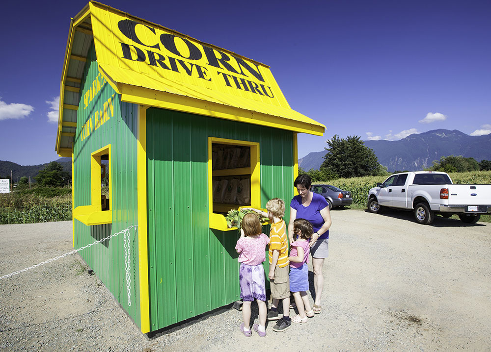 Photo en couleur d'une femme et de trois enfants qui attendent pour acheter du maïs au comptoir d'un kiosque.