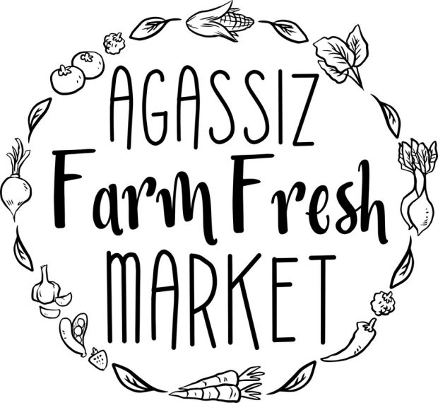 Logo en noir et blanc d’Agassiz Farm Fresh Market. Des légumes et des fruits encerclent les mots.