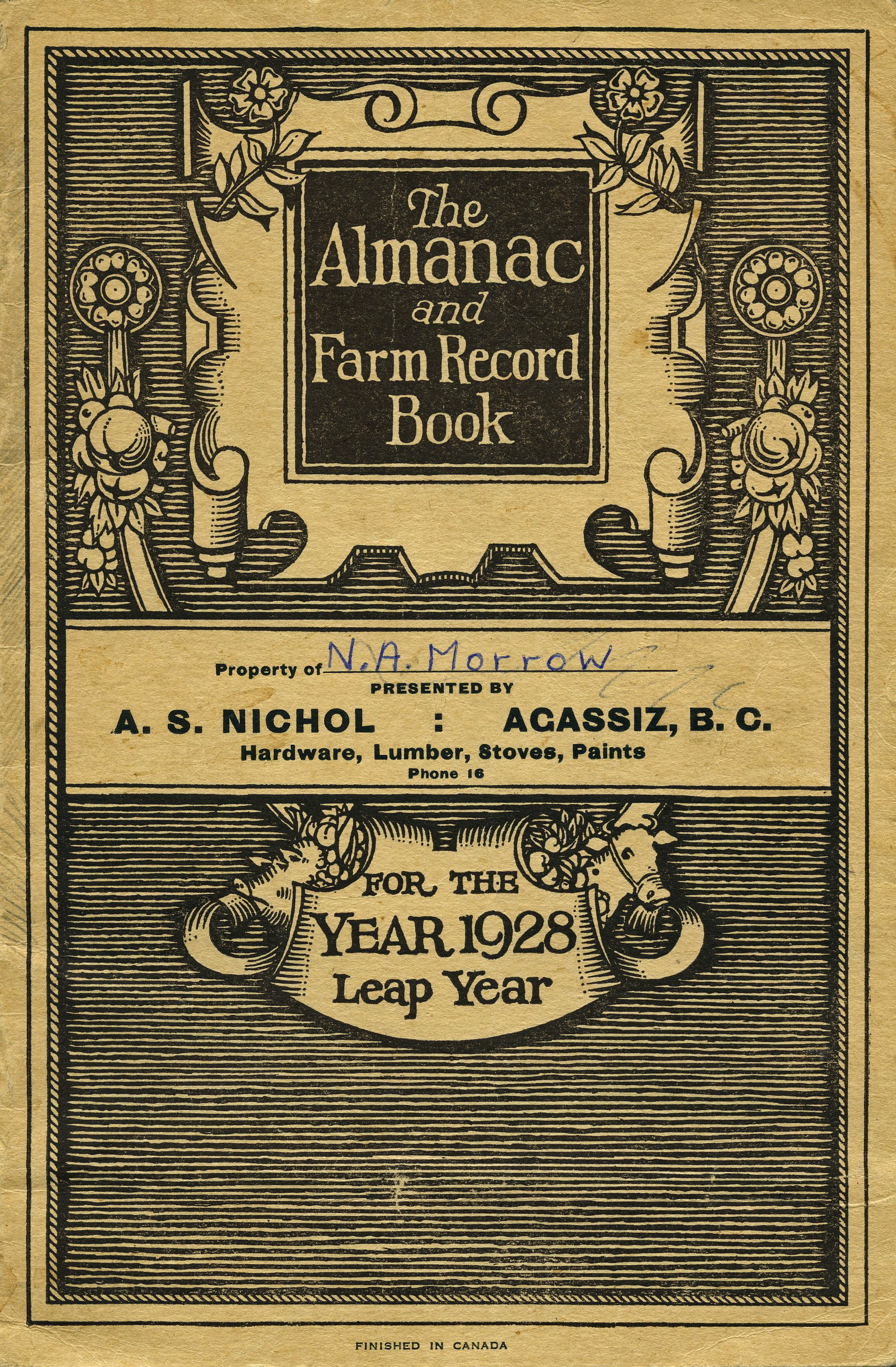 Image en couleur de la couverture du 1928 Almanac and Farm Record Book (almanach et livre des registres agricoles de 1928).
