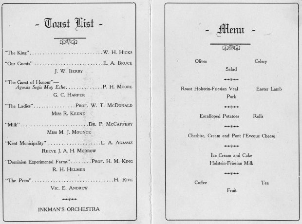 Image en noir et blanc du menu et des allocutions du banquet en l'honneur de Segis May Echo.