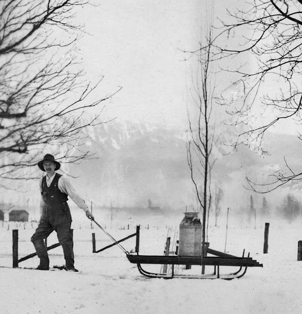 Photo en noir et blanc d'un homme tirant un bidon de lait sur un traîneau en hiver.