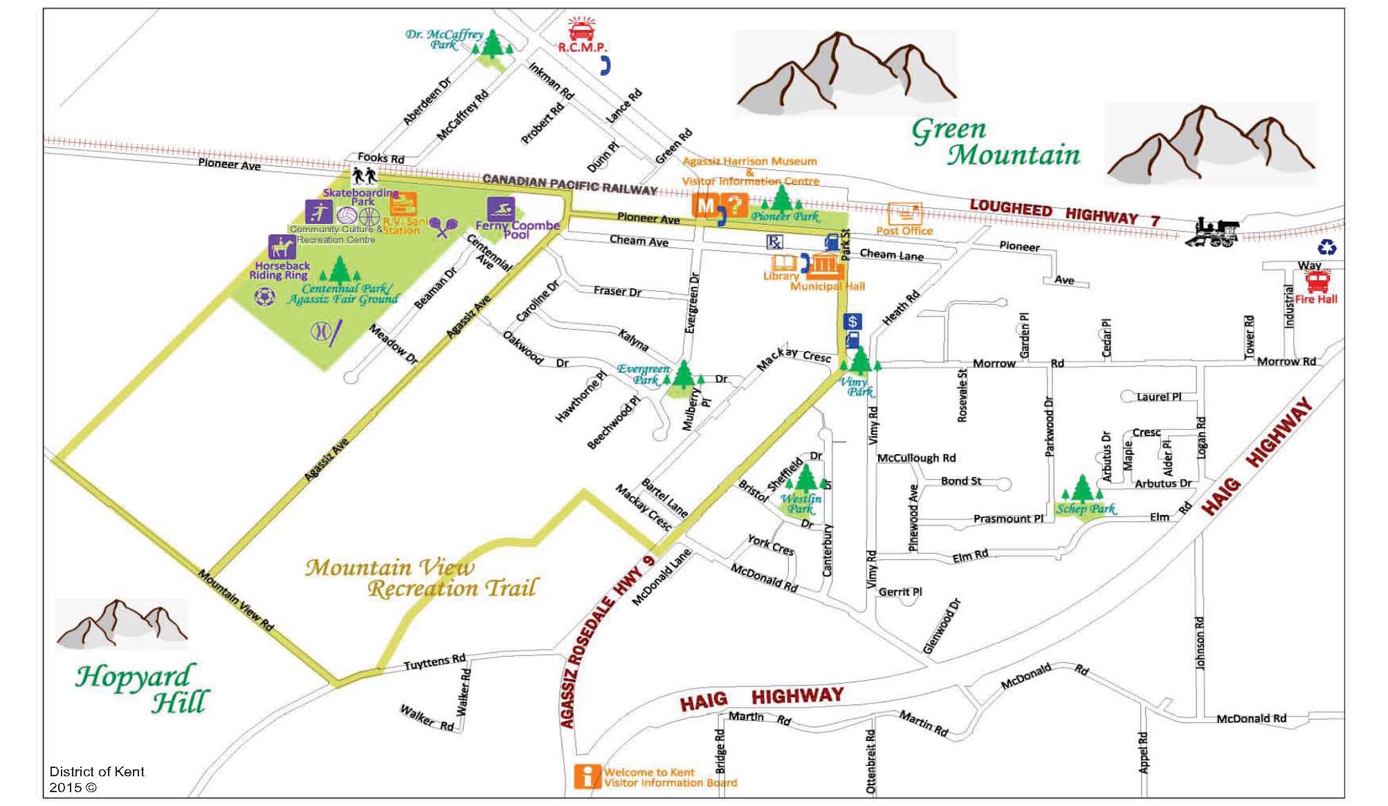 Image en couleur du plan de la ville d'Agassiz, indiquant les routes, les parcs et les montagnes environnantes, 2015.