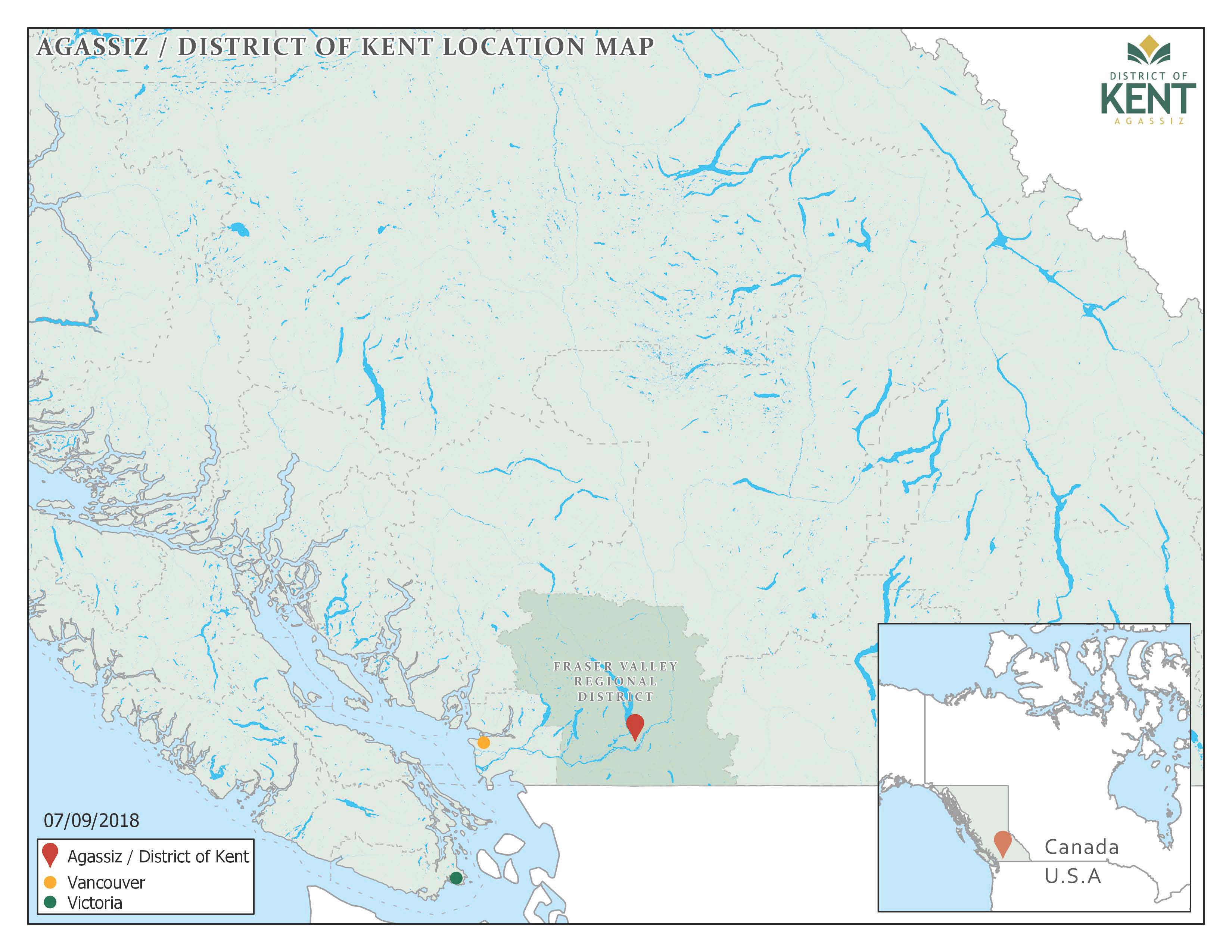 Image en couleur d'Agassiz et du district de Kent. Carte générale de la région par rapport à Vancouver et Victoria dans le sud de la Colombie-Britannique et la proximité d'Agassiz avec la frontière de l'État de Washington, 2018.