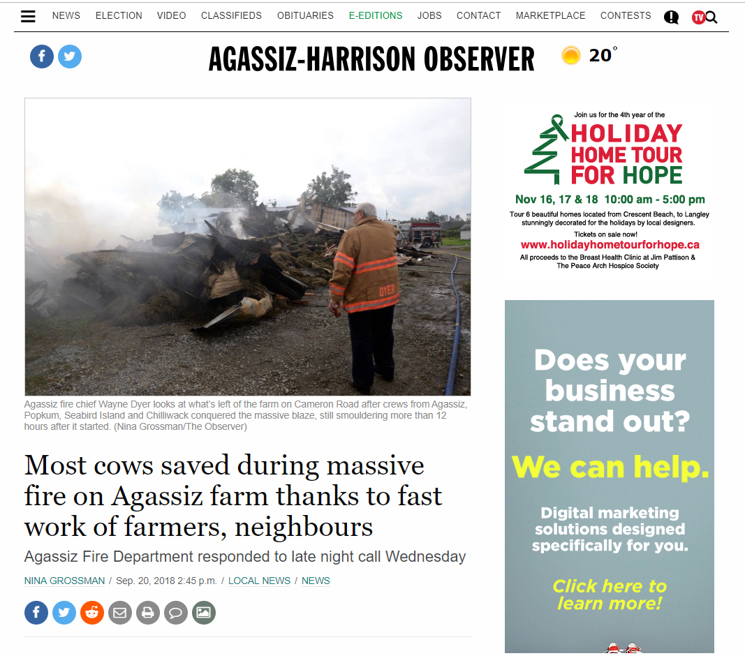 Capture d'images en couleur d'un article de journal numérique publié dans The Agassiz-Harrison Observer et portant sur l'incendie de la ferme laitière d'Agassiz, le 20 septembre 2018.