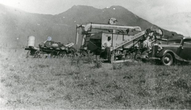 Photo en noir et blanc d'hommes travaillant dans un champ avec une batteuse McCormick-Deering. Une voiture est au premier plan et les montagnes sont en arrière-plan. Un wagon avec des barils est à côté de la batteuse.