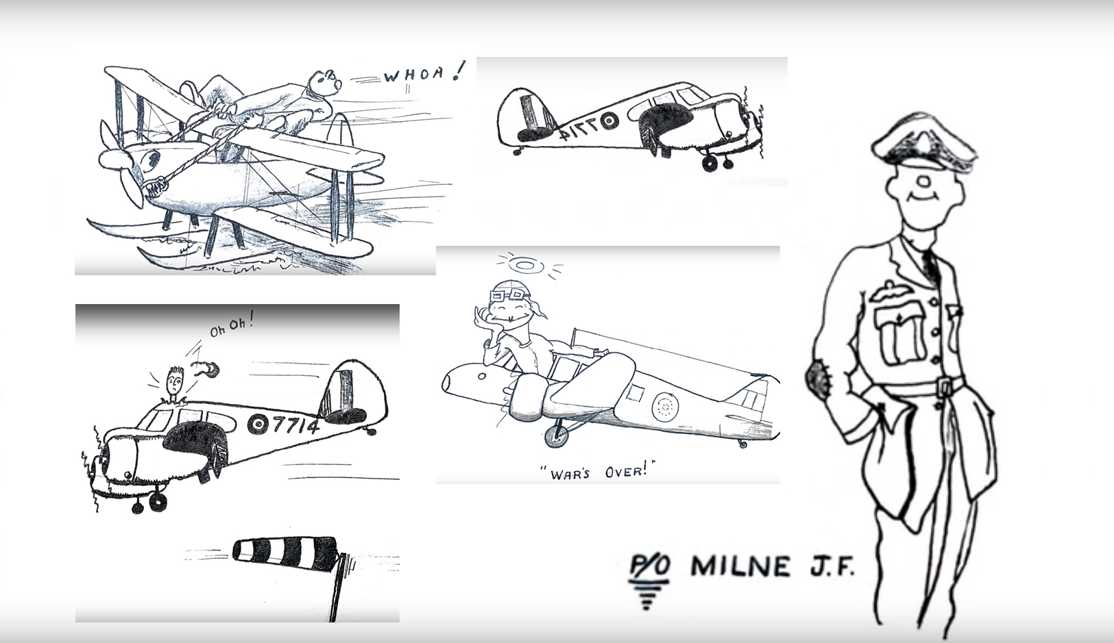 Dessins au crayon d’avions et d’un militaire sur fond blanc