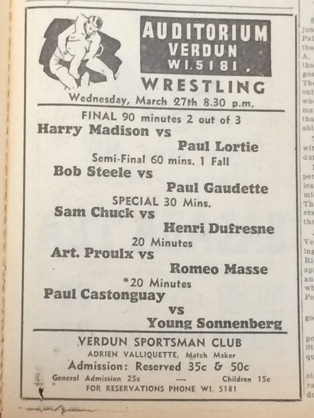 Publicité dans un journal dressant une liste de combats de lutte présentés à l’Auditorium de Verdun le mercredi 27 mars 1940 à 20 h 30. On y aperçoit les noms des lutteurs, la durée des combats, le lieu et le coût.