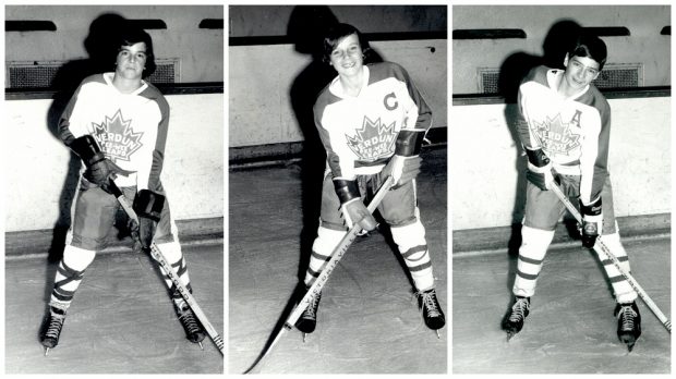 Montage de trois photographies en noir et blanc montrant trois jeunes garçons portant le même uniforme de hockey et tenant un bâton de hockey. Un des garçons porte la lettre « C » sur son chandail alors qu’un autre porte la lettre « A ».