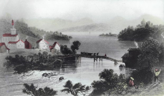 La rivière Magog et quelques maisons.