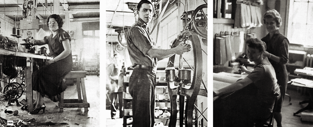 Sur cette mosaïque de trois photos, la photo de gauche représente une ouvrière travaillant sur un moulin à coudre en 1939.  Au centre, un jeune homme travaille sur une machine dans le département du montage.  À droite, on voit deux employées de bureau. L’une d’entre elles, Mlle Gloria Franck, est assise tandis que l’autre, Mme Lise Berthiaume, est debout derrière sa collègue.