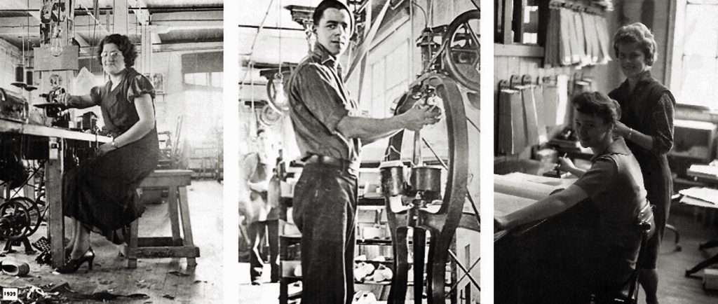 Sur cette mosaïque de trois photos, la photo de gauche représente une ouvrière travaillant sur un moulin à coudre en 1939.  Au centre, un jeune homme travaille sur une machine dans le département du montage.  À droite, on voit deux employées de bureau. L’une d’entre elles, Mlle Gloria Franck, est assise tandis que l’autre, Mme Lise Berthiaume, est debout derrière sa collègue.