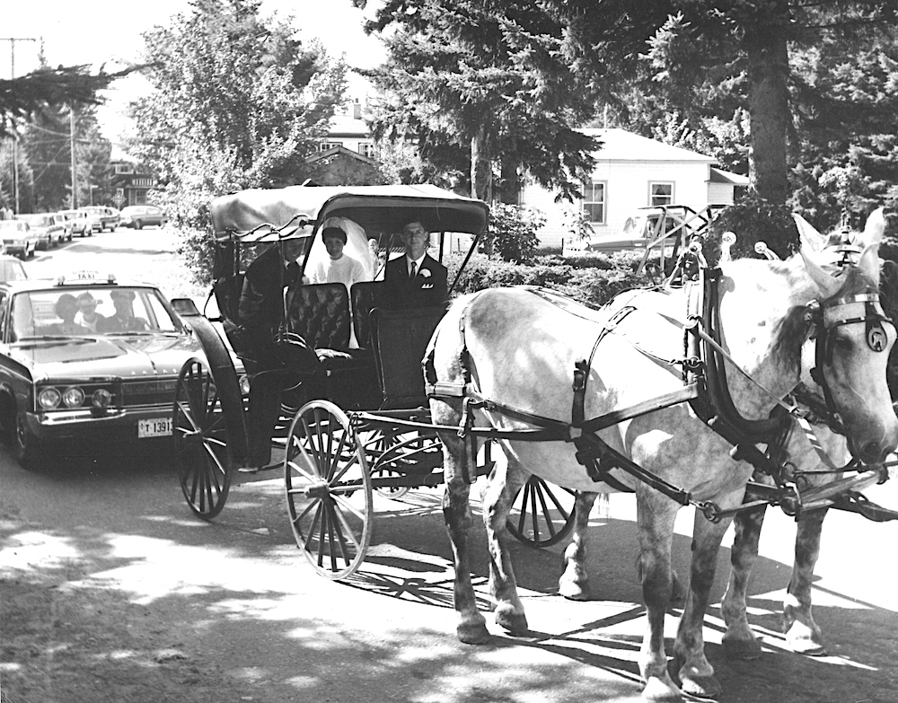 Photo noir et blanc d’une femme et d’un homme dans une calèche tirée par des chevaux lors d’un mariage célébré à La Butte.