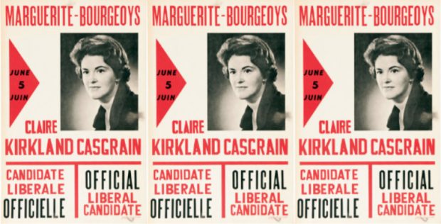 Affiche politique noir, rouge et blanc de Claire Kirkland-Casgrain reproduite trois fois.