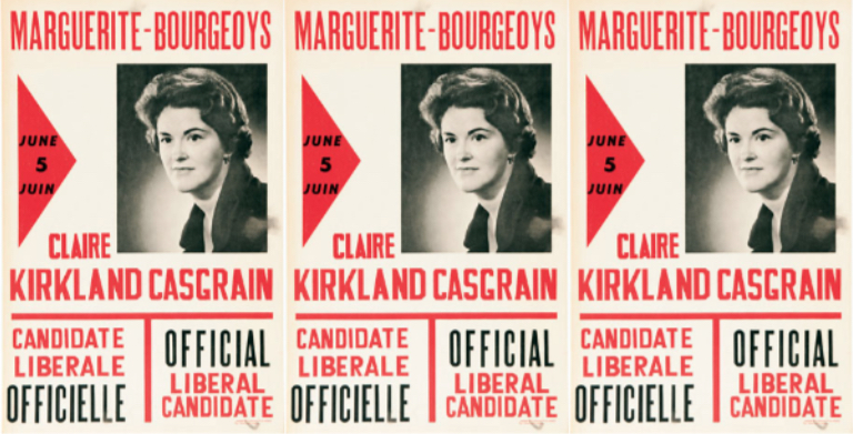 Affiche politique noir, rouge et blanc de Claire Kirkland-Casgrain reproduite trois fois.