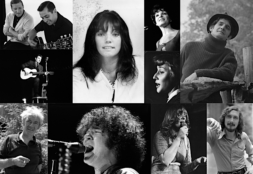 Collage de photographies noir et blanc de 10 artistes s’étant produits à la Butte : Les Jérolas (Jean Lapointe et Jérôme Lemay), Jean-Guy Moreau, Emmanuelle, Monique Leyrac, Monique Miville-Deschênes, Georges D’or, Félix Leclerc, Robert Charlebois, Diane Dufresne et Jacques Michel.